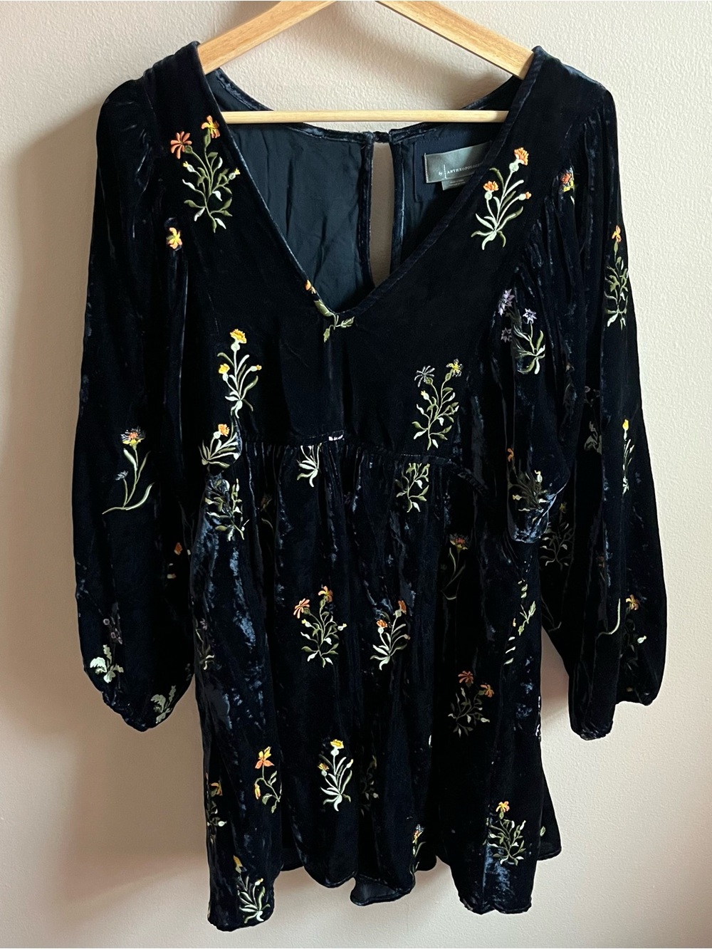 Anthropologie Velvet Mini Dress with Floral Embroidery